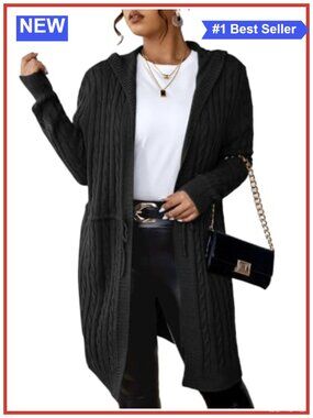 Plus Size Cable Knit Hooded Long Cardigan Sweater Open Front Drawstring